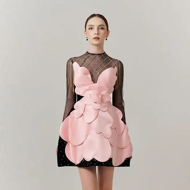 Women Formal Wear Dress - Gothic Black Pink Floral Mini Dress