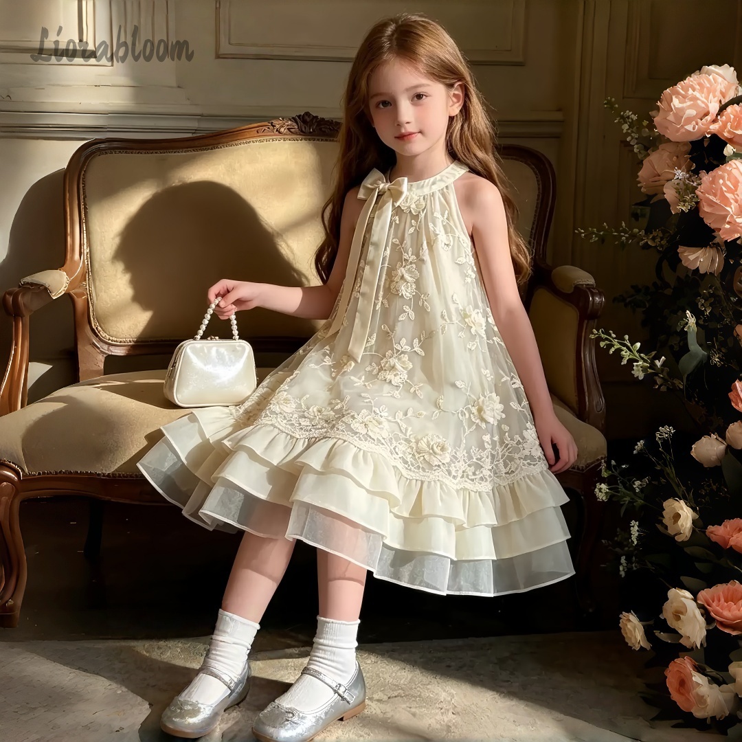 Formal Attire Woman - Girls Champagne Lace Tulle Dress with