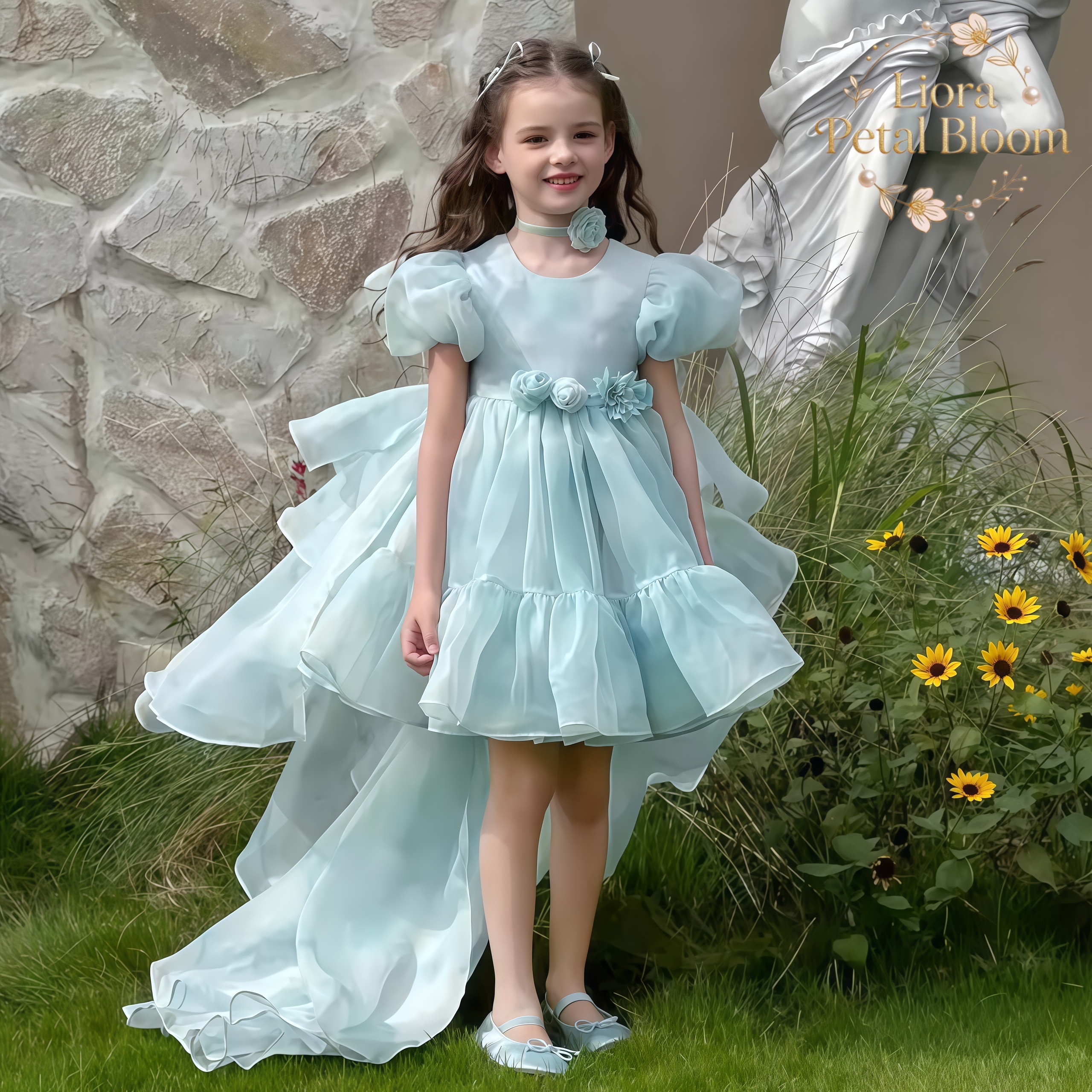 Women Formal Wear Dress - Blue Tulle Gown Girls' Bow Party