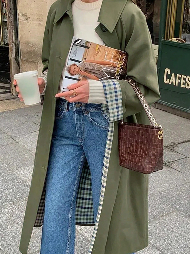New In Plaid Lining Solid Tren – Trench Coat Formal Bewertung und Preis